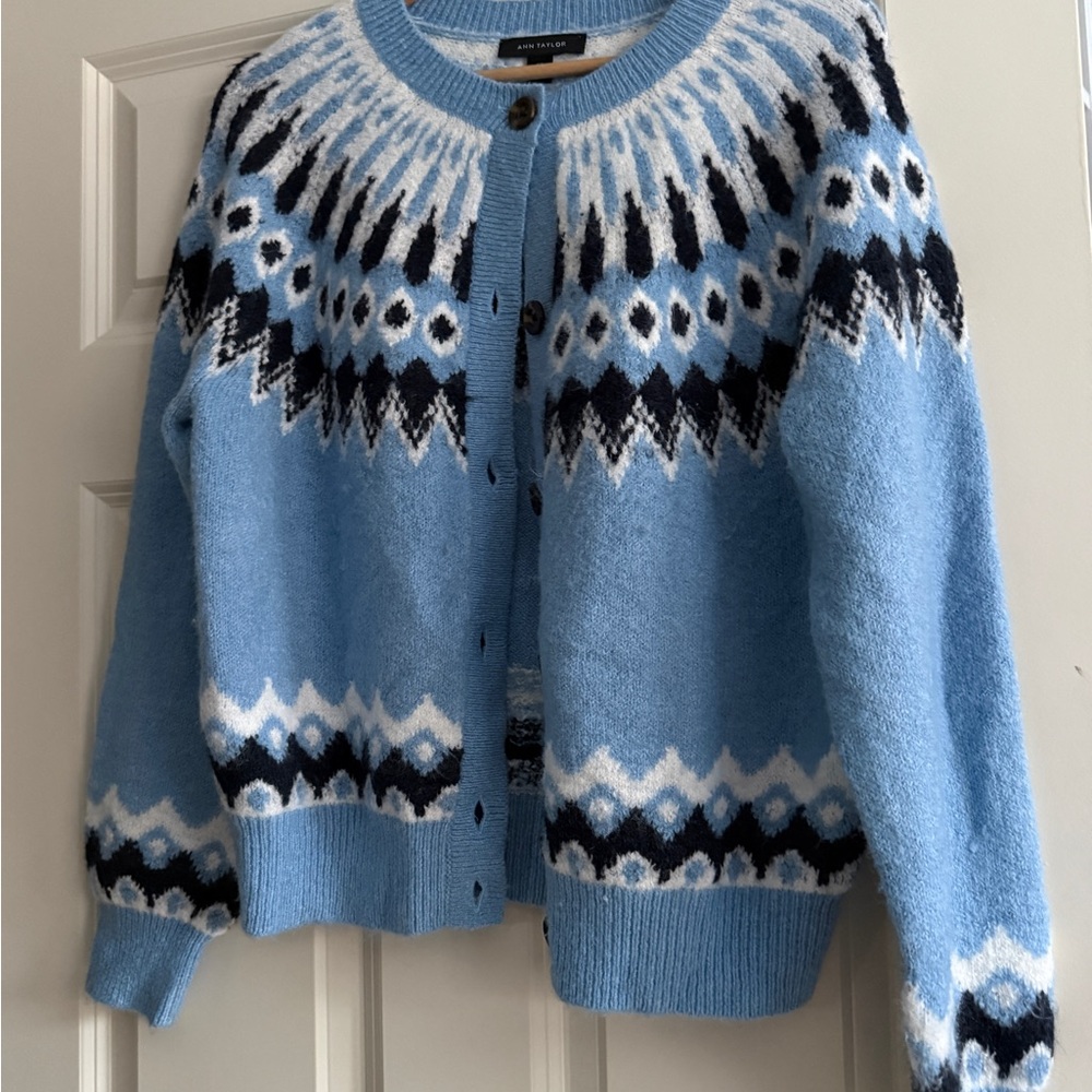 Ann Taylor Blue and White Fair Isle Cardigan